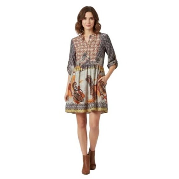 Karlie Dresses & Skirts - Karlie Women's Flowy Roll Tab Sleeve Multicolor Print Button Front Dress Small